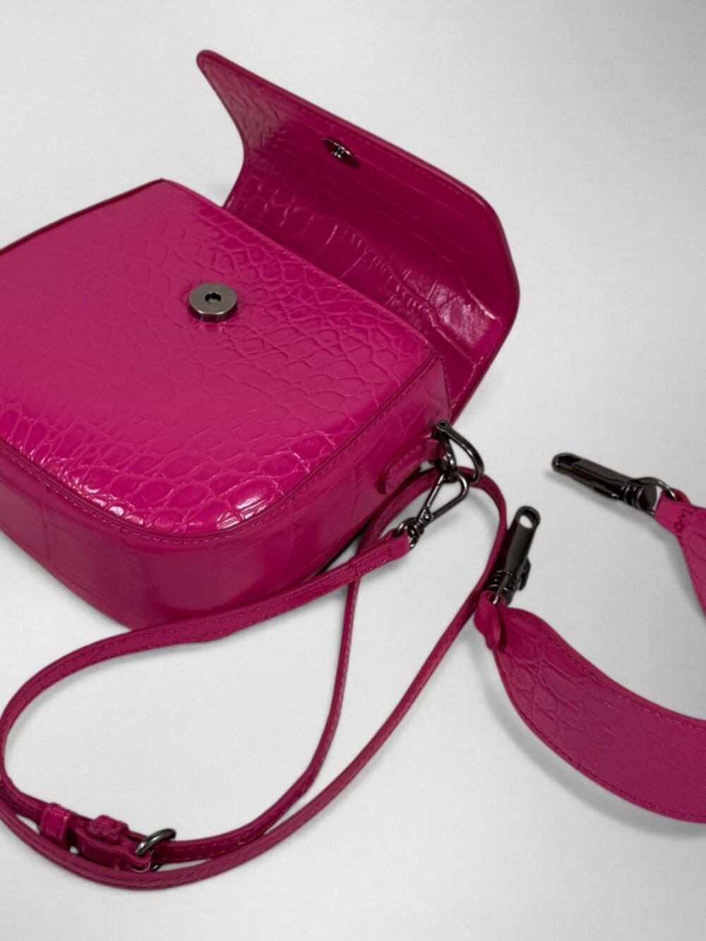 Zara Hot Pink Croc Embossed Crossbody Satchel Top Handle Bag